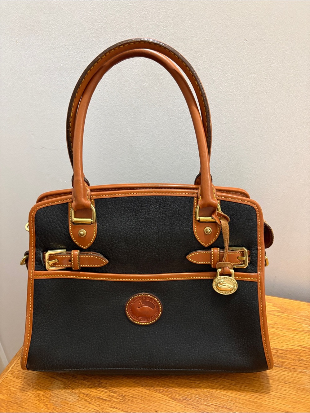 Black Satchel with Tan Leather Trim - Classic Structured Handbag